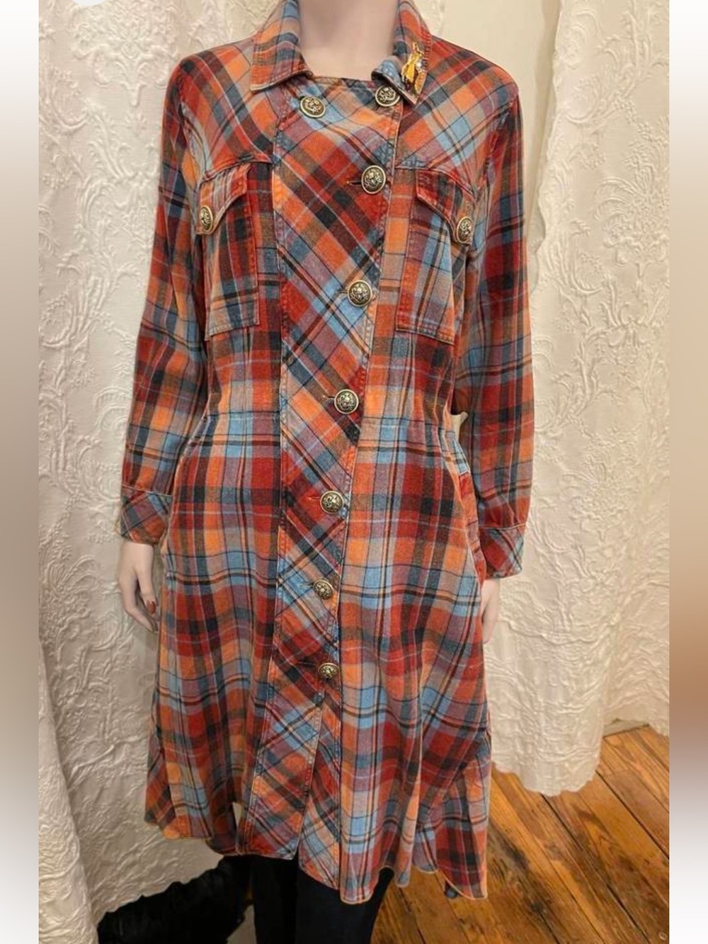 NWOT Aratta Silent Journey Rust & Light Blue Plaid Button-Front Jacket